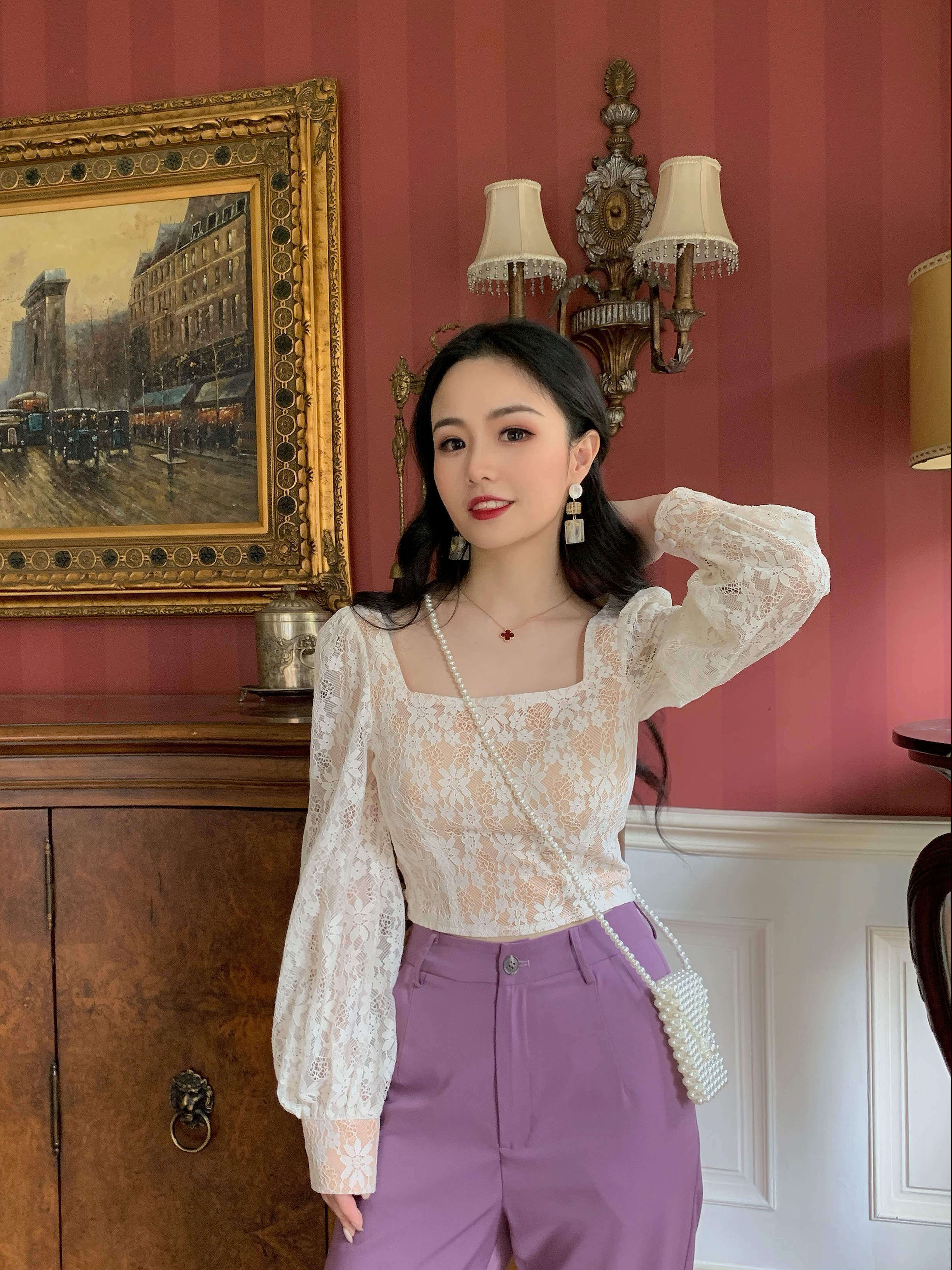 at ease small retro square neck lace shirt puff sleeves slim bottoming mesh hollow top