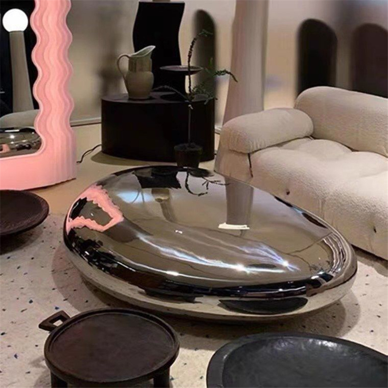 Huan Yu Stainless Steel Coffee Table Pebble Sculpture Metal Mirror Water Feature Decoration Outdoor Lawn Stone Bench Ornament