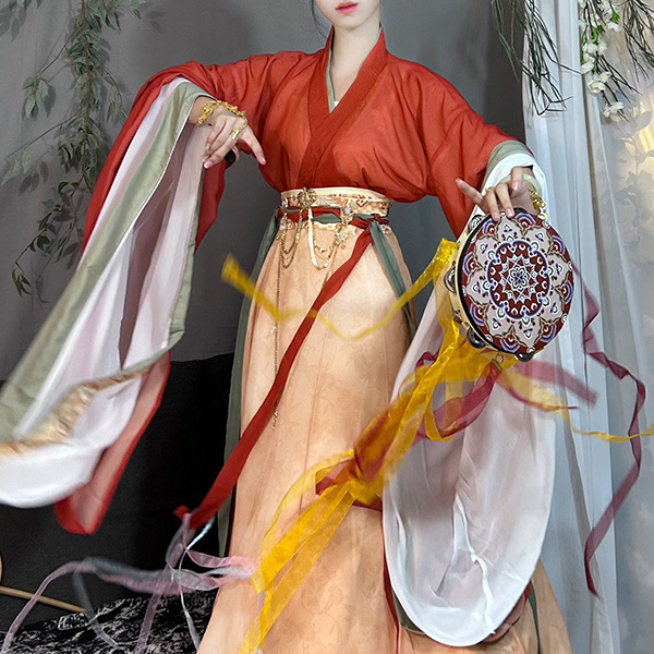 Original Wei and Jin Dynasty Style Printed Cross-Collar Wide-Sleeve Hanfu for Women, Northern and Southern Dynasties Large-Sleeve National Style Eight-Panel Skirt Daily Outfit
