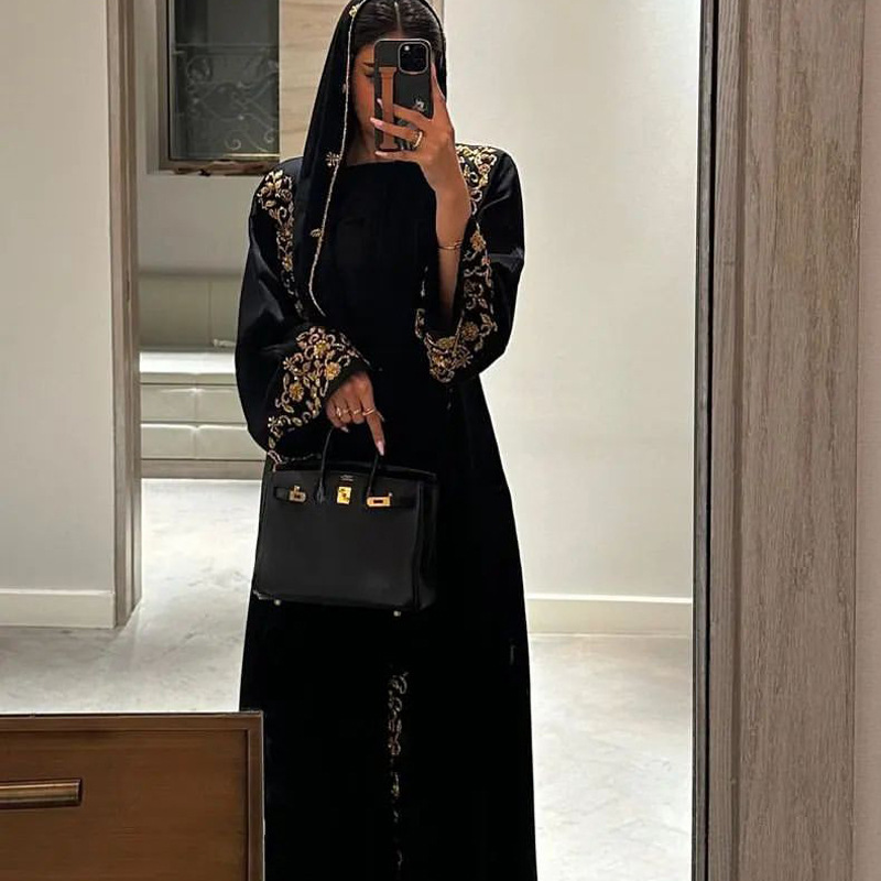 Open Kimono Caftan for Women Malay Indonesian Ethnic Style with Ankle-Length Rhinestone Cardigan Outerwear