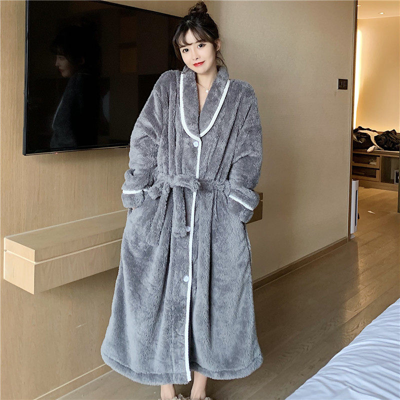Pajamas women's autumn and winter thickening and long flannel bathrobe winter sweet cardigan coral fleece nightgown coat