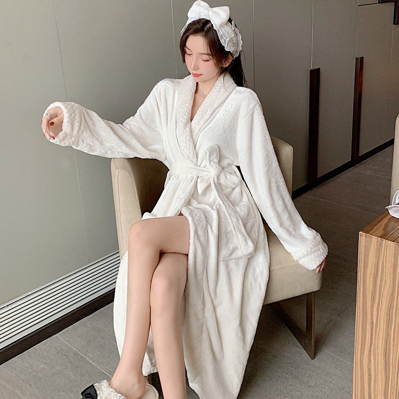 White sexy nightgown women's autumn and winter thickened coral fleece kimono plus long bathrobe pure desire flannel nightdress