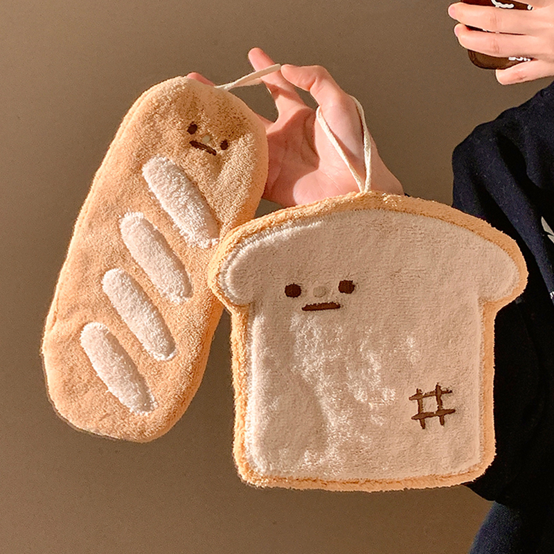 Cute Toast Bread Hand Towel Hanging Absorbent Towel Bathroom Handkerchief Kitchen Coral Fleece Cleaning Cloth