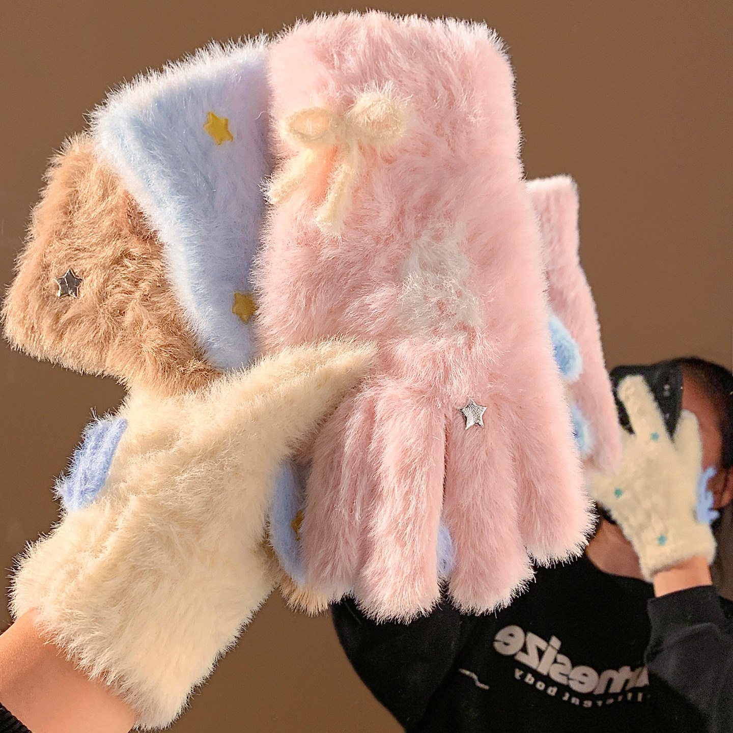 Cute Pink Bow Plush Knitted Finger Gloves for Women, Winter Fleece Lined, Thick and Warm for Cycling, 2026 New Style