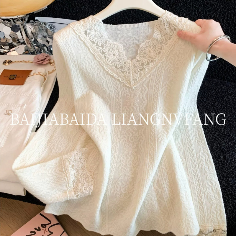 Soft and Elegant Korean-Style Women's Clothing, European Goods, Autumn French Design, Lace Trim, Jacquard, Unique Versatile Trendy Top Soft and Elegant Korean-Style Women's Clothing, European Goods, Autumn French Design, Lace Trim, Jacquard, Unique Versatile Trendy Top