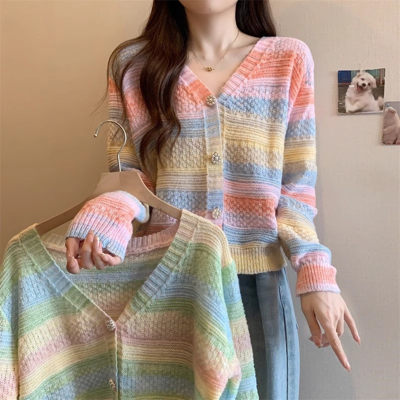 High-Quality Korean-Style New Rainbow Striped Thin Hollow-Out Knit Cardigan for Women, V-Neck Loose Outer Sweater Jacket