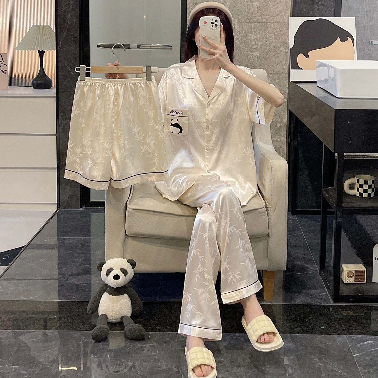 アイスシルクパジャマレディース春秋スリーピーススーツ半袖200斤薄手シルク夏大きいサイズ太めmmホームウェア