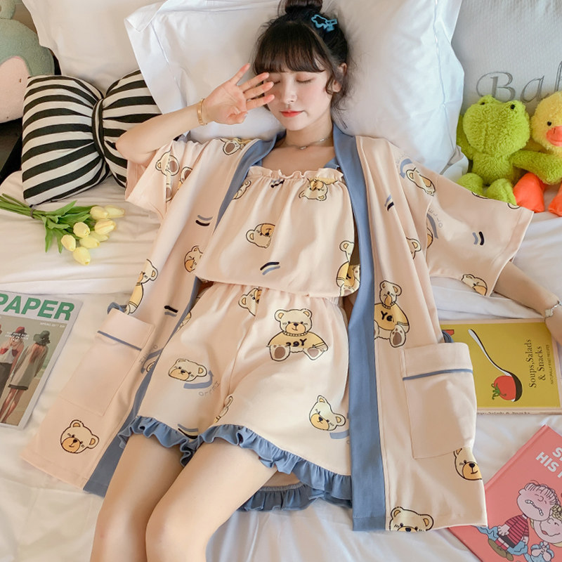 Sleepwear Women's Summer Sleeping Robe Harness Pure Cotton 2022 New Spring And Autumn Day Home Conserved Bathrobe Thin Three Suits