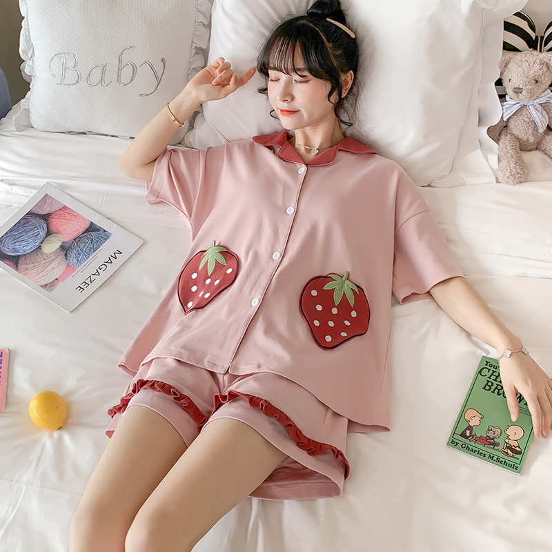 Sleepwear Woman Summer Pure Cotton Short Sleeve Two-piece Style Suit Thin cute Pocket net Red bursting with large size for spring and autumn Family clothes