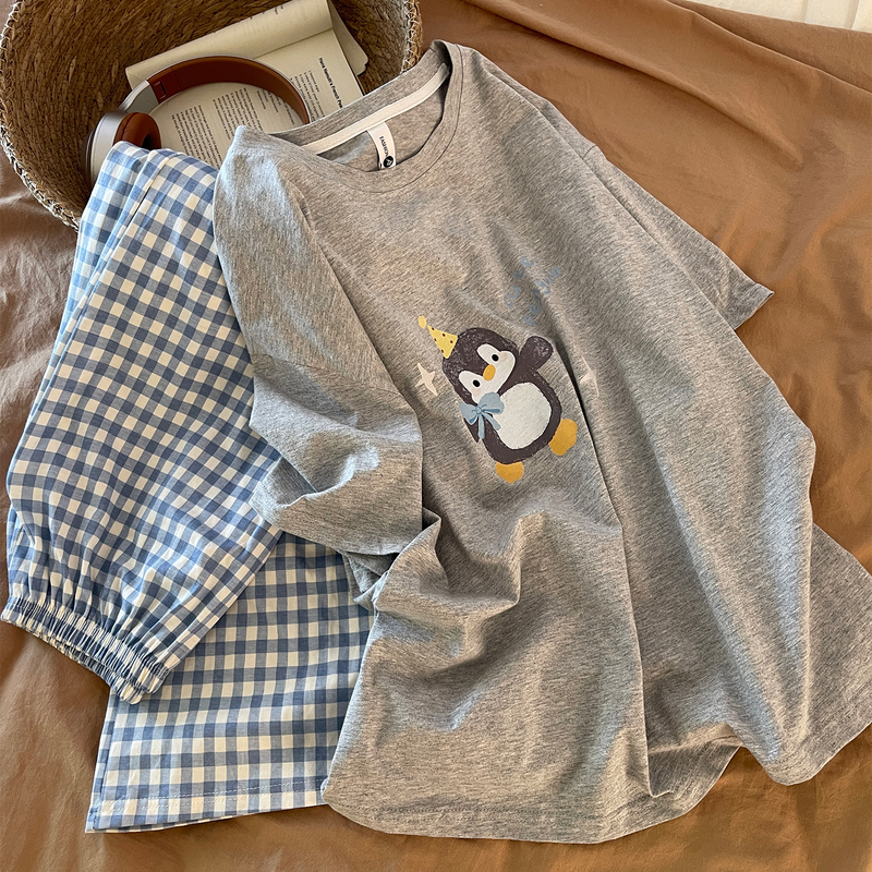 Pajamas for Women, Spring and Summer, Pure Cotton, Short-Sleeved, Long Pants, Large Size, Cool, Can Be Worn Outside, All-Cotton, Blue Checkered Penguin Set, Loungewear