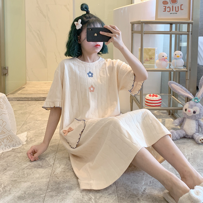 Princess Wind Sleeping Dress Woman Summer Pyjamas Slim pure cotton short sleeves cute little flowers big size students can wear home clothes outside