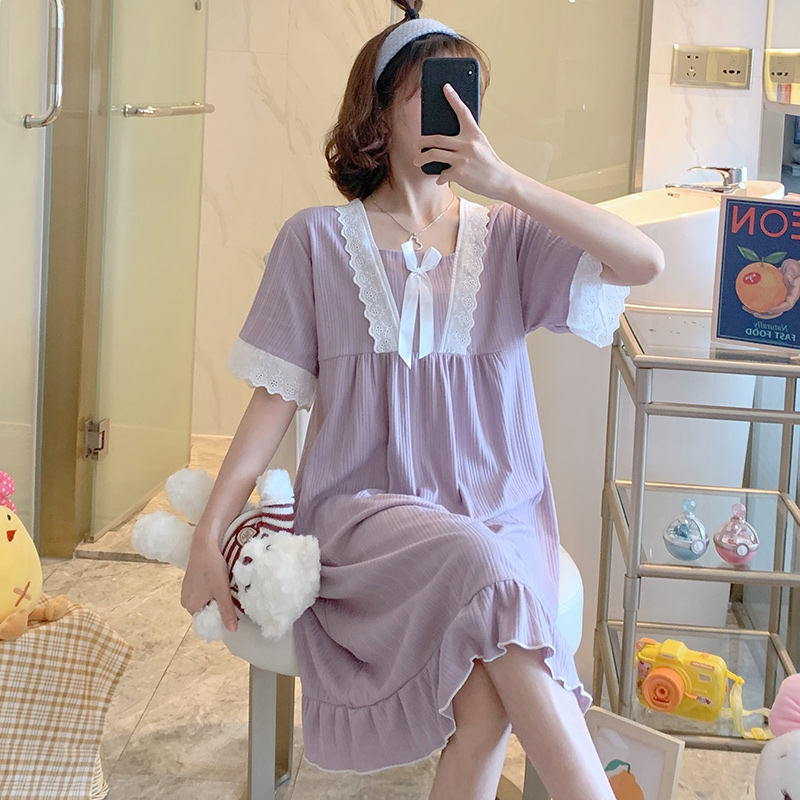 Sleeping Skirt Woman Summer Pyjamas Princess Wind Pure Cotton Short Sleeves Purple 2022 New large size thin spring and autumn home clothes