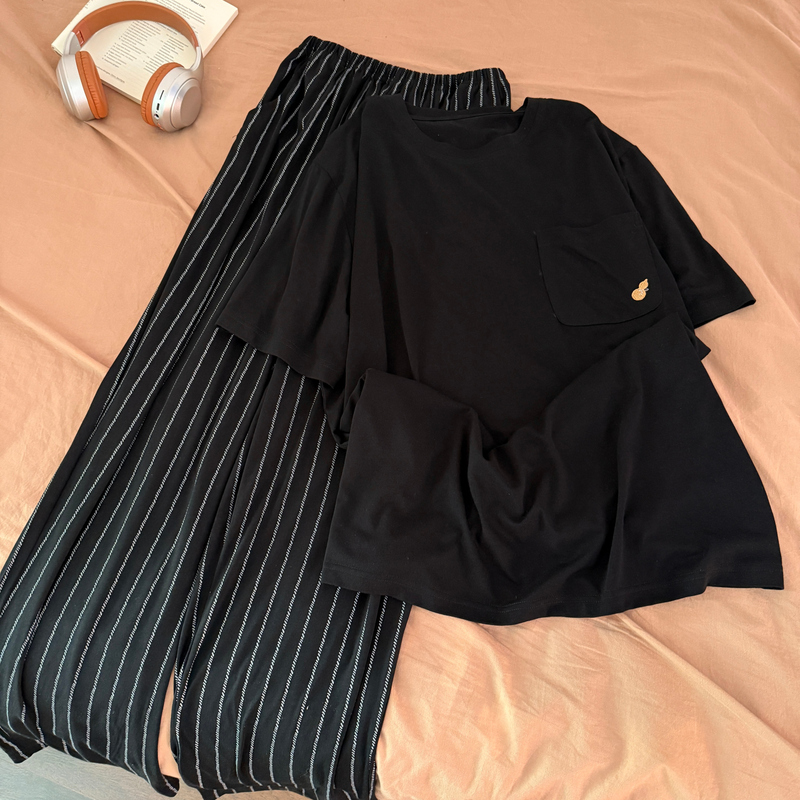 Men's Pajamas Can Be Worn Outside in Summer, Large Size Short-Sleeved Long Pants, Modal Rayon 26 New Style Black Suit Home Wear