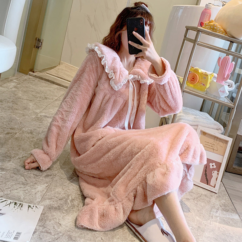 Coral fleece nightgown pajamas women autumn and winter thickened flannel cute 2021 new spring can wear housewear