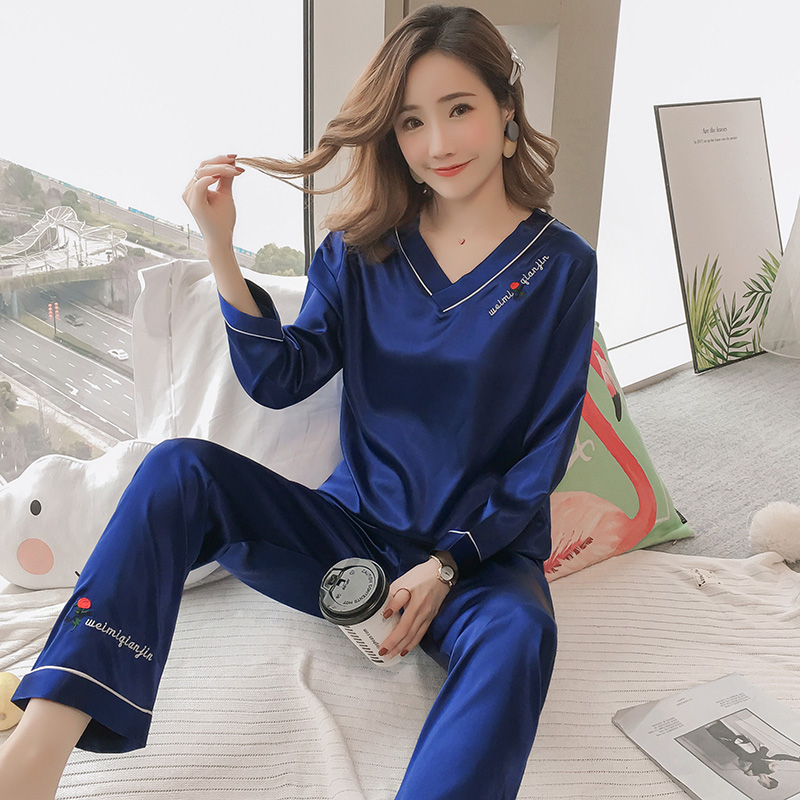 Real Silk Pyjamas Woman Spring Autumn Season Long Sleeve Ice Silk Alphabet Korean version Fresh students Two style suit thin family home clothes