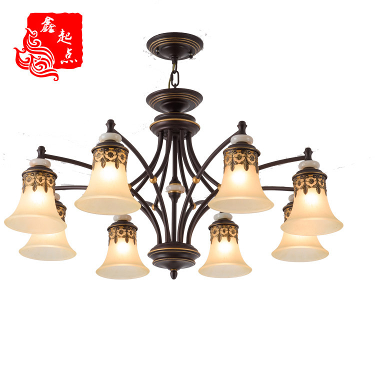美式乡村吊灯简约卧室北欧田园餐厅复古LED客厅灯8头大气铁艺灯具