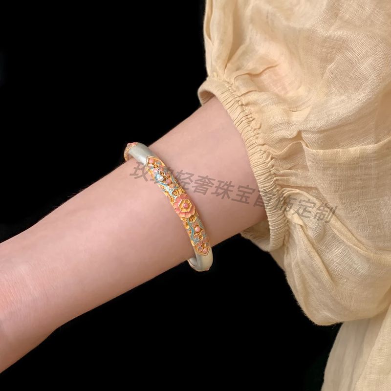 Sichuan Brocade Begonia Flower Silver Bracelet for Women, Pure Silver 999, Gold-Plated, Enamel Color, Hollow Open Bracelet, New Chinese Style, 520 Gift