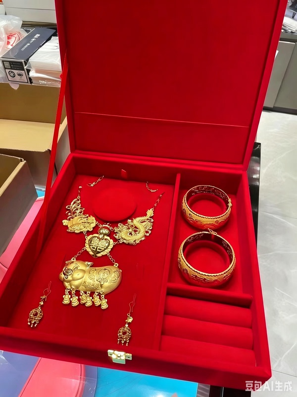 Gold Wedding Jewelry Set with Satin Embroidery, Including Necklace, Bracelet, Earrings, Dragon and Phoenix Bangle, Ring, and Couple Rings in a Large Box Gold Wedding Jewelry Set with Satin Embroidery, Including Necklace, Bracelet, Earrings, Dragon and Phoenix Bangle, Ring, and Couple Rings in a Large Box