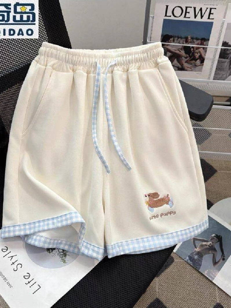 かわいい子犬の刺繍入りチェック柄ショートパンツ（女の子用）、甘くてカジュアルな夏の新スタイル、万能なゆったりワイドレッグパンツ