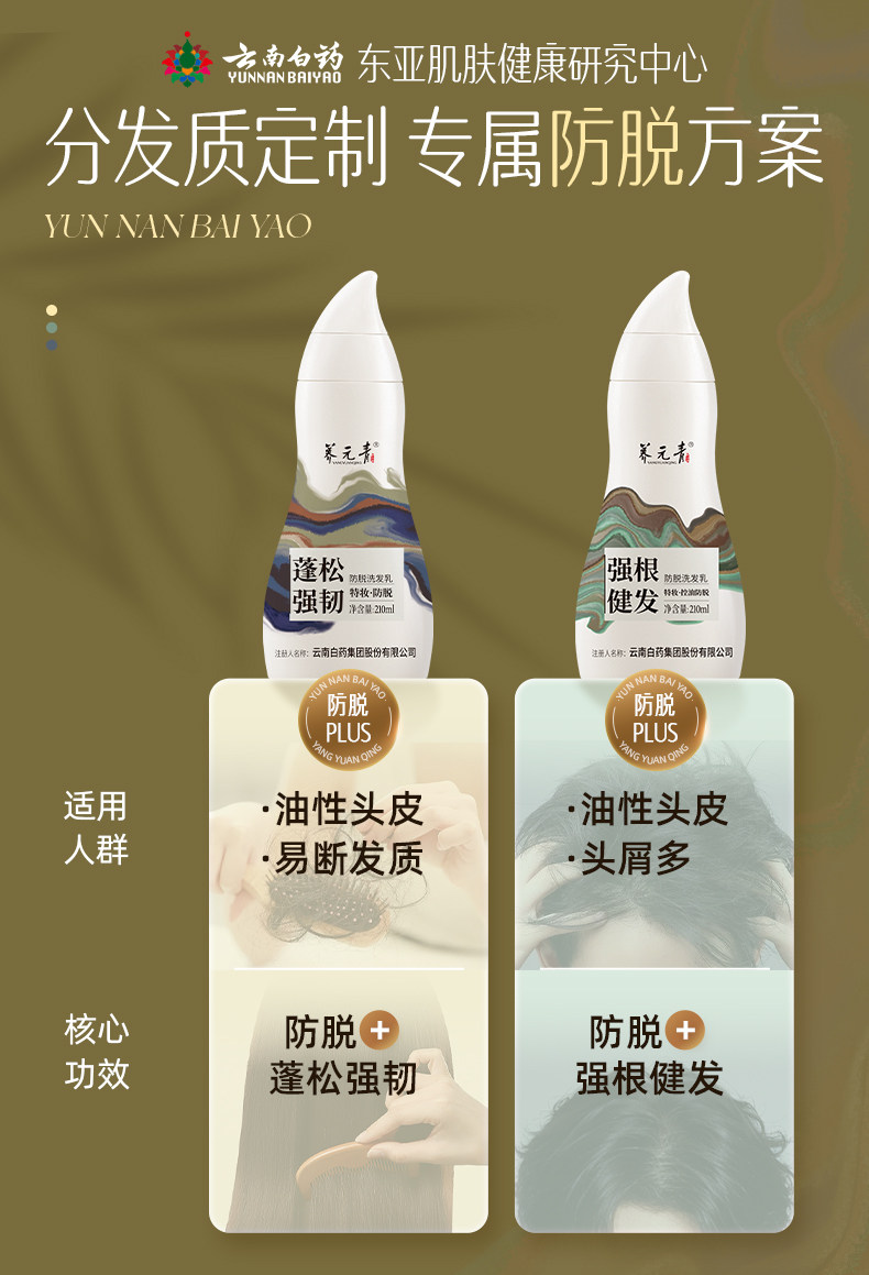 【中國直郵】 雲南白藥 養元青防脫髮洗髮精 育髮液女男專用洗頭膏控油蓬鬆洗髮露 210ml