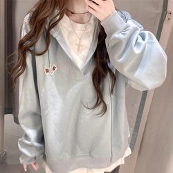 Light Blue Embroider Puppy Fake Two-Piece Sweatshirt Female 2025 New arrival Fall and winter Fleece-lined American Preppy style Loose Tops