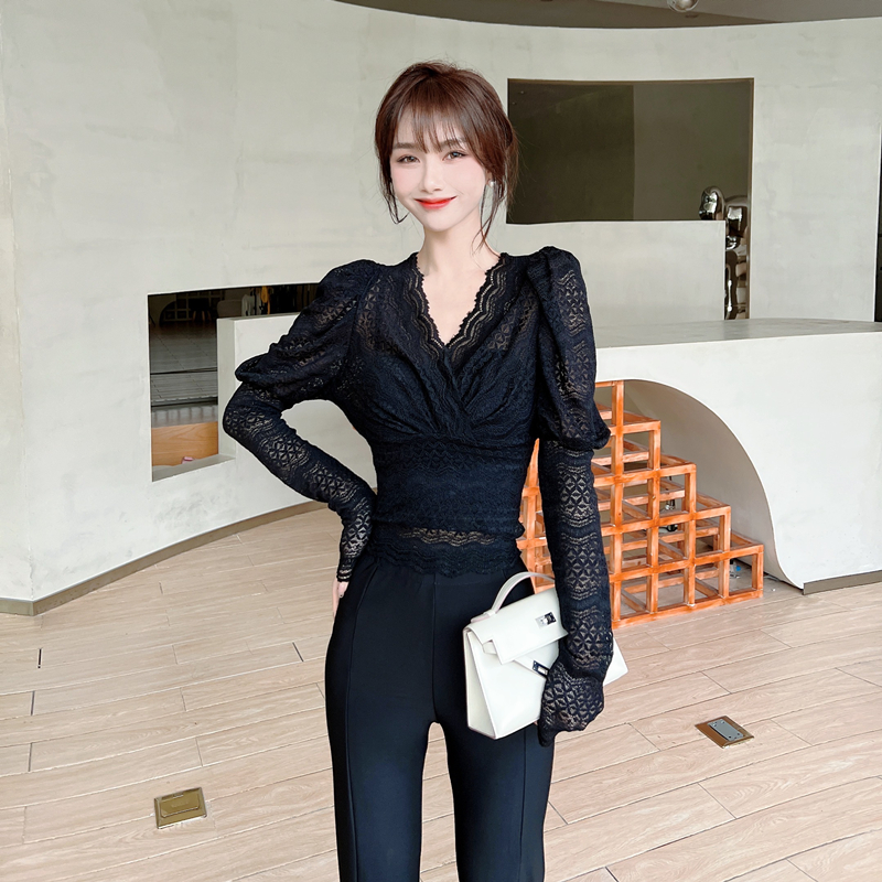 Kaka women's official flagship early autumn French V-collar lace long sleeve shirt with a blouse