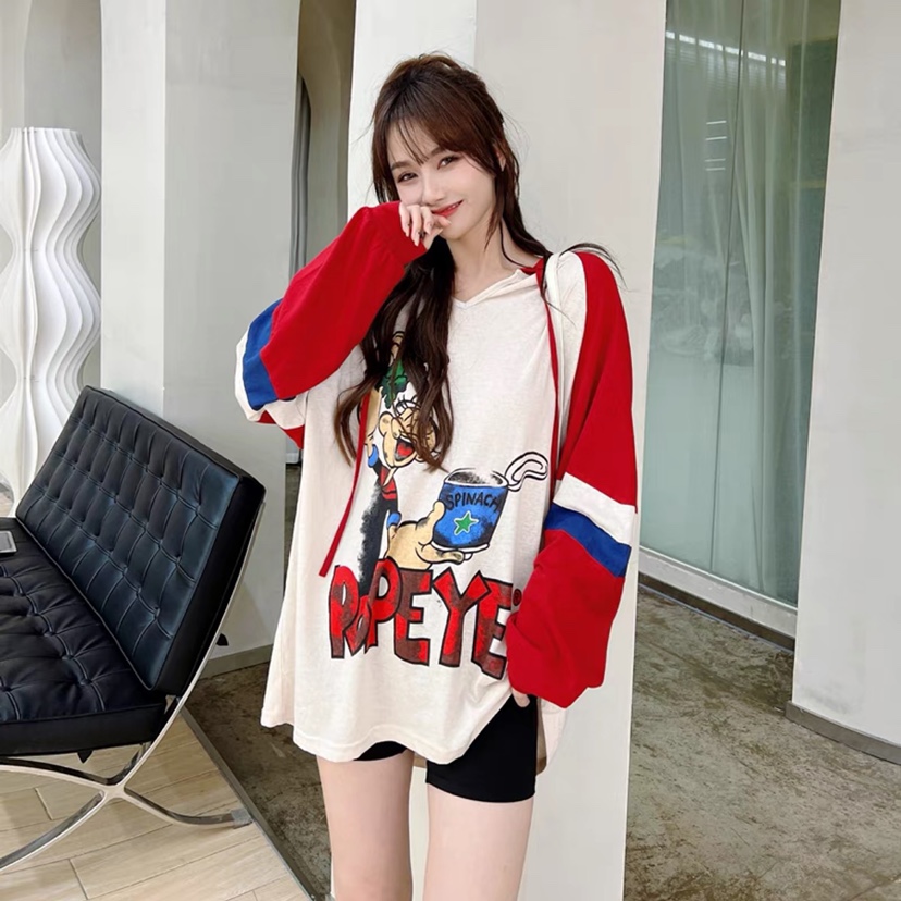 Kaka Women's Official Flagship Cartoon Popeye Sunscreen Shirt Summer Hooded Loose Slim Top Women