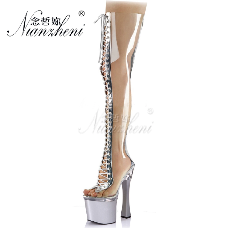 Boots Âu mỹ mùa thu đẹp trai all-match Giày siêu cao gót 18 cm dày gót cá miệng sexy qua đầu gối Giày Martin dài - Giày ống