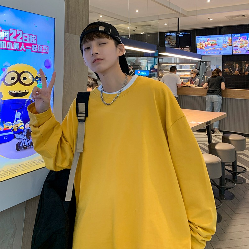 Solid Color Men's Spring Long-Sleeve T-Shirt, Trendy Brand, Round Neck, Loose Fit, Stylish Hong Kong Style, Plus Size Clothing Solid Color Men's Spring Long-Sleeve T-Shirt, Trendy Brand, Round Neck, Loose Fit, Stylish Hong Kong Style, Plus Size Clothing