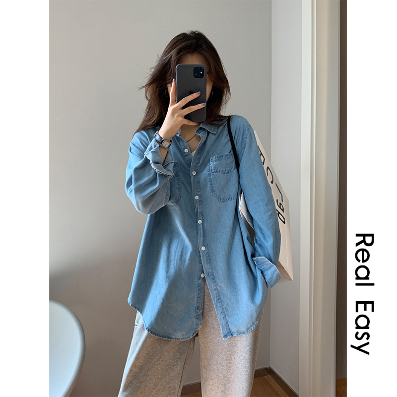 Tencel Material Denim Shirt for Women, Long-Sleeved/Short-Sleeved, Spring and Autumn 2026 New Style, Loose, Retro, Casual Shirt