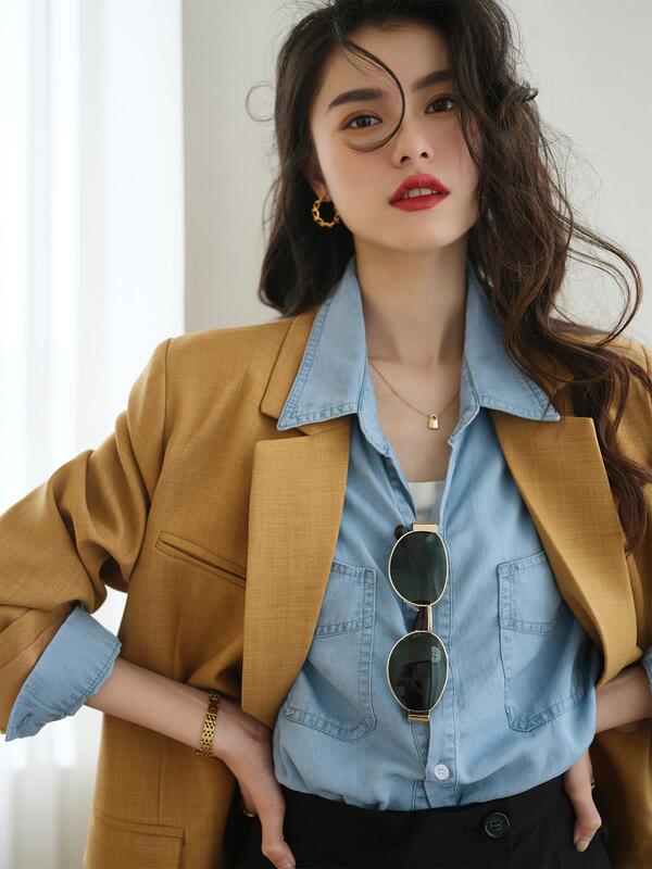 Light Blue Tencel Denim Shirt Jacket for Women, Spring and Autumn Design, Niche Shirt for Layering, High-End Top