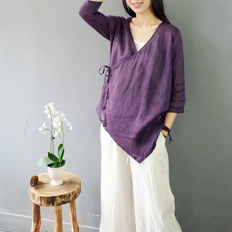 Ethnic Wind Spring Summer and summer Hemp Jersey Purple Chinese Blouse Tea Suit Handed Linen Retro Irregular Blouse Women's Clothing