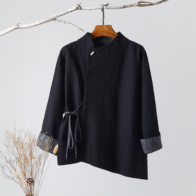 Autumn Winter National Wind Women's Clothing Retro Style Hemp Black Thickened Cotton Linen Chinese Buddhist Blouses Jacket Tea Suit Zen