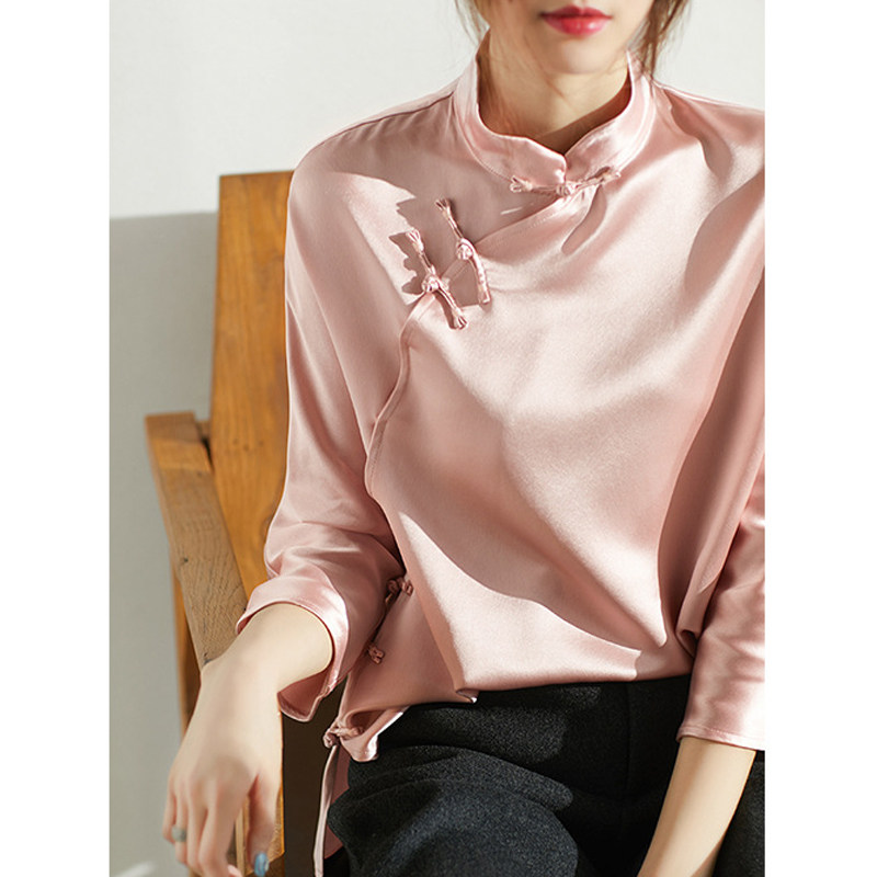 Chinese style improved version of fashion Chinese cheongsam top one-piece disc buckle satin Tang suit girl's dress young pink