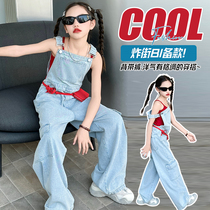 Girls denim overalls summer thin overalls Internet celebrities big childrens girls straight wide-leg pants suit
