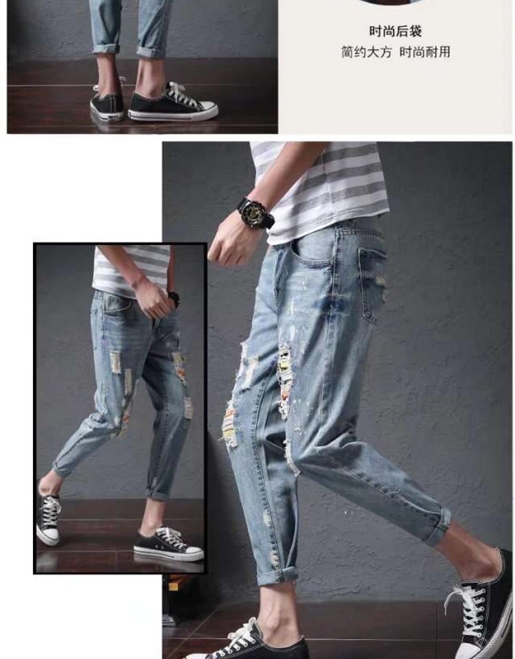 Nhanh tay thẻ đỏ thương hiệu Qi với đoạn quần jeans chữ màu xám in quần harem 9 điểm lỗ quần nam shop đồ nam