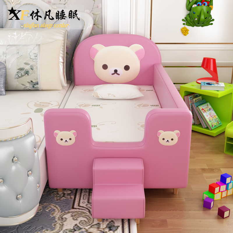Children's stitching bed with guardrail small bed single bed boy girl princess bed cartoon bear solid wood wide bed