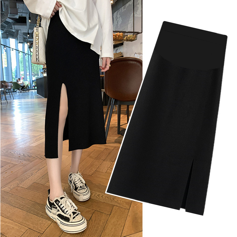 2021 Autumn Winter New Pregnant Woman Black Knit Half Body Dress Boomer Hair Line One Step Long Dresses Belly Open Fork Skirt