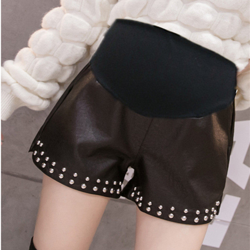 Pregnant Woman Shorts Autumn Winter Loose high waist display slim leather pants outside wearing Lean Nursery Shorts Spring Autumn Korean version wide-legged shorts