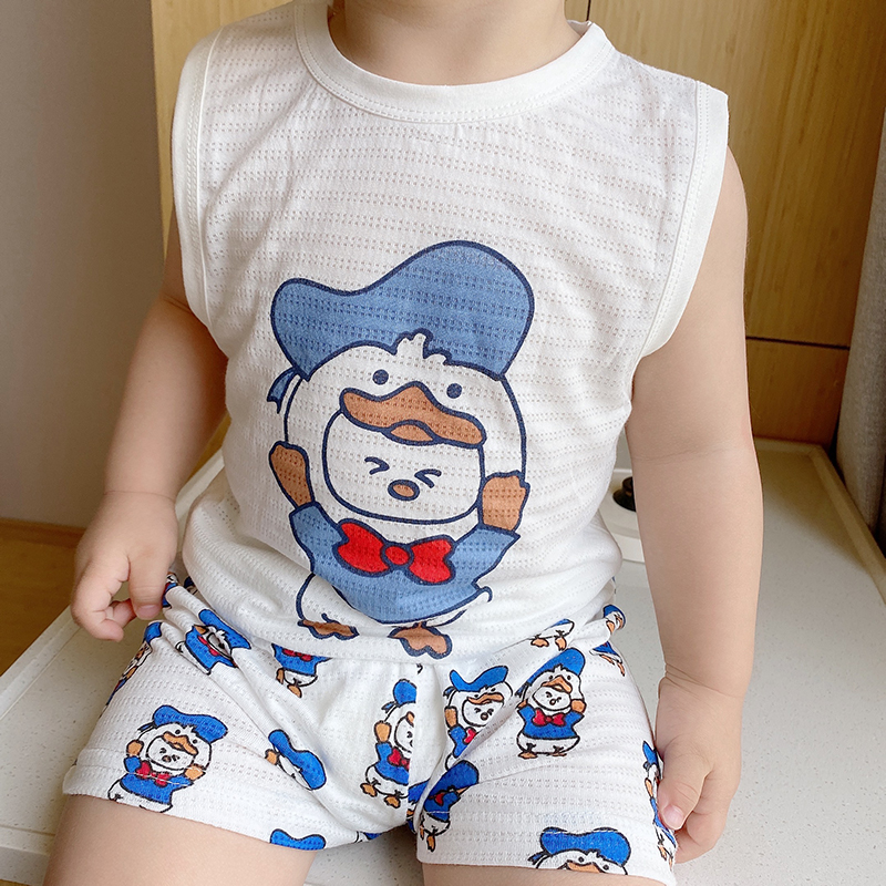Summer baby bamboo fiber vest shorts set boys and girls cartoon breathing pajamas children out clothes thin sleeveless