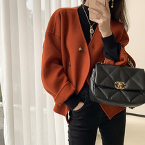 Sister K (foreign air out of the street) full wool double-sided vneck single-breasted short solid color coat women