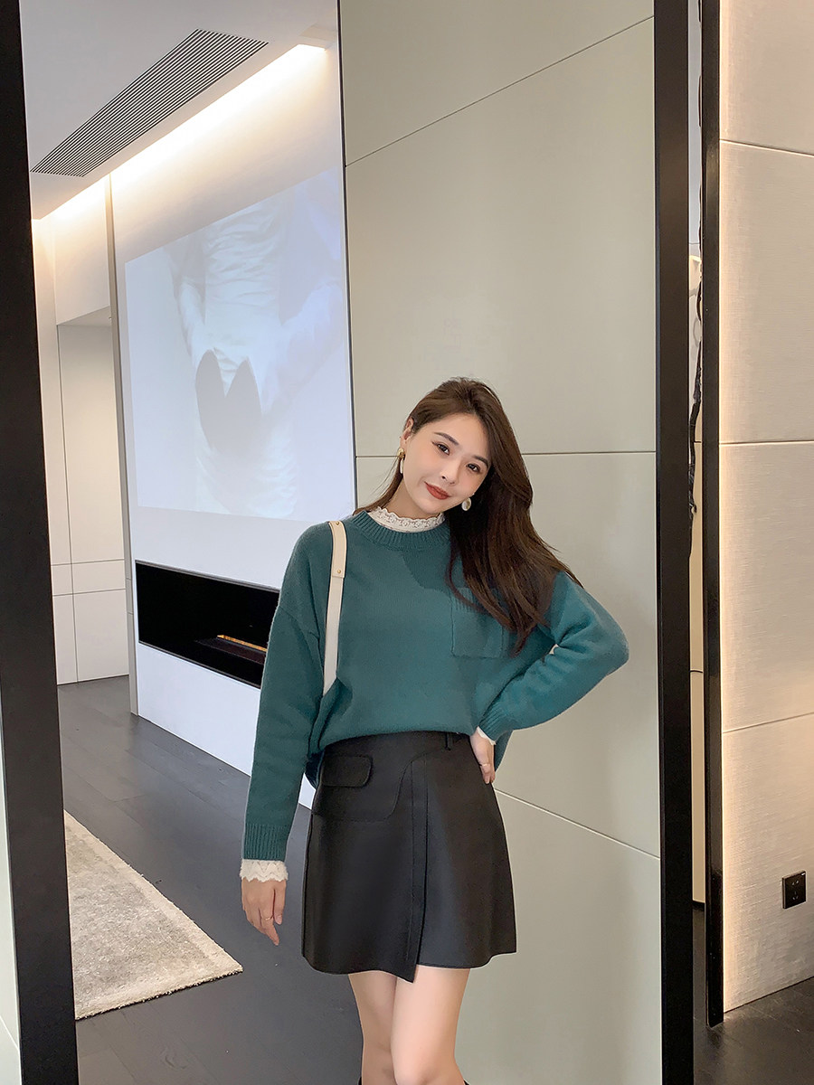 K Sister (pocket cashmere shirt) 30 cashmere 45 wool blend round collar long sleeve pure color sweater blouse