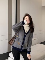 K sister heavy industry embroidered sweater cardigan wool blend V collar single-breasted loose casual knitted coat women