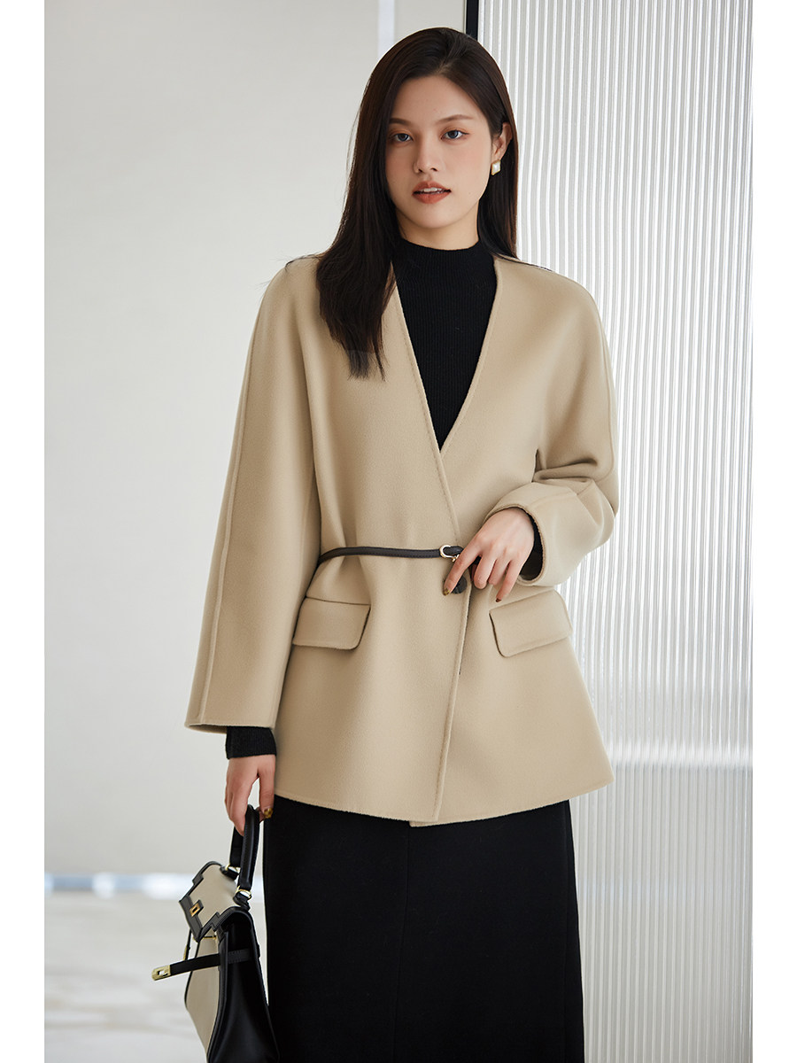 K (temperament) high branch of 100% wool belt with a button double - sided coat woman