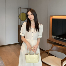 K sister (Ramie skirt) 100% Ramie navy collar bubble sleeve dress women