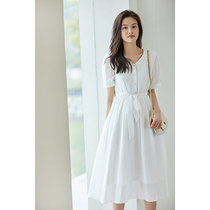 K elder sister (white lover) Tian silk cotton temperament V collar waist slim dress female