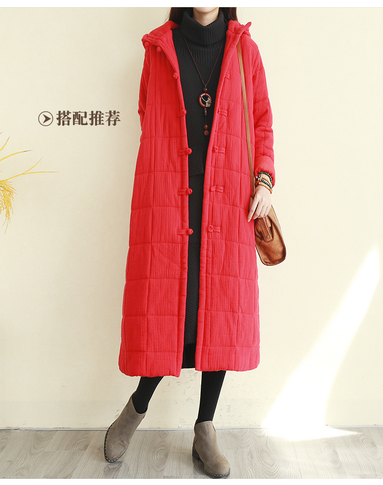 Áo gió quốc gia retro khóa áo cotton trùm đầu mùa thu và mùa đông cotton và áo khoác lanh nữ ấm áp áo choàng cotton dài áo phao dáng dài hàn quốc