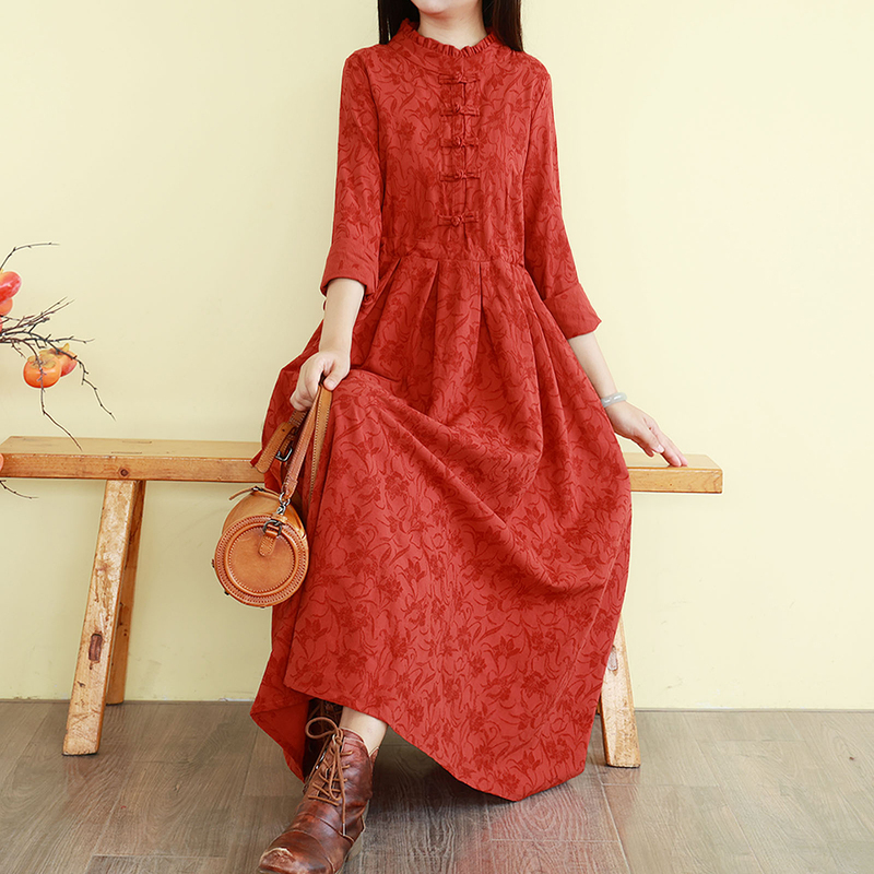 Vintage Artistic Dress, Cotton and Linen, Spring and Autumn, Long-Sleeved, Loose, Slimming, Long Skirt, Over-The-Knee Shirt-Style Base Dress with a Large Hem