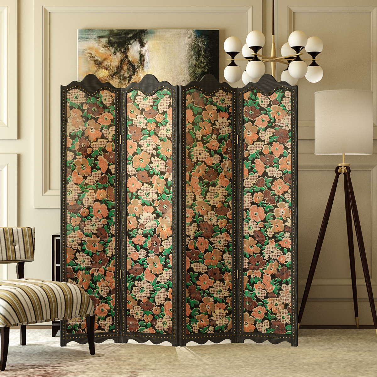 American Countryside European-style Flower Screen Partition Living Room Hotel Bedroom Solid Wood Trim half-through-folding mobile folding screen