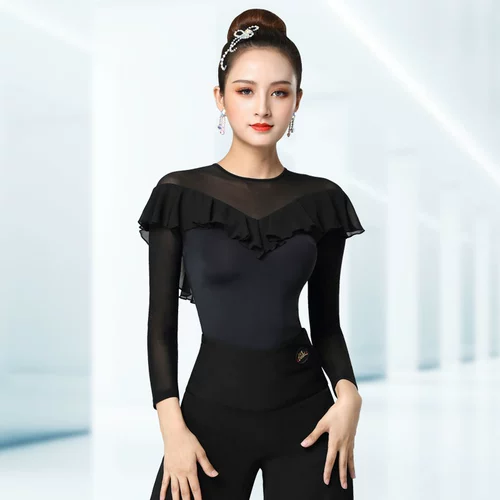 Danbao Luo латинская сетка топ -топ чернокожих национальной женской стандартной танцевальной одежды Ice Silk Modern Practice Одежда с длинными рукавами танцевальная одежда танцевальная одежда